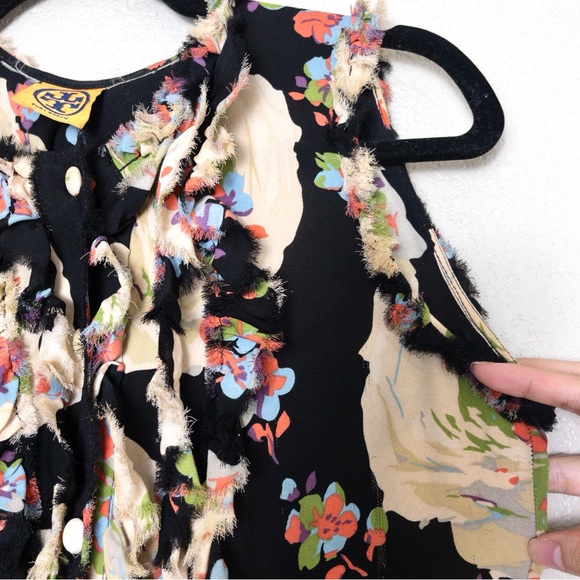 Tory Burch Silk Floral Ruffle Blouse S Black Frayed Edge Button Up Sleeveless - Picture 3 of 12